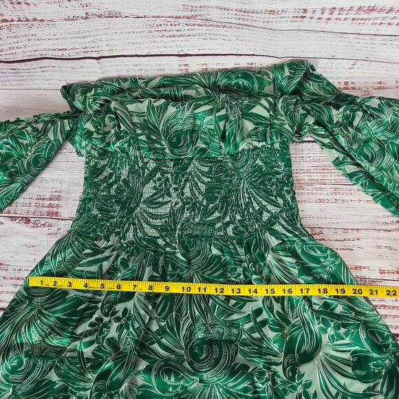 WHBM Silky Dress M Green Forest Fairy Floral Whimsy Pleated Ruched Lace up Neck - Picture 12 of 16